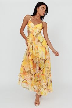 Maura Lace-Up Back Maxi Dress Floral Yellow by Selfie Leslie Tan Mules, Banquet Dress, Maxi Dress Floral, Selfie Leslie, Banquet Dresses, Yellow Floral Dress, Floral Dresses Long, Dress Inspo, Floral Print Maxi Dress