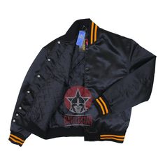 Black & Gold Satin Varsity Baseball Jacket – Battlestar Clothing and Gears Co Black Satin Long Sleeve Outerwear, Fitted Satin Outerwear For Fall, Winter Satin Long Sleeve Outerwear, Black Satin Outerwear For Fall, Satin Varsity Jacket, School Sweater, Baseball Varsity Jacket, Year Of The Tiger, Gold Satin