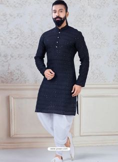 White Dupatta, Mens Indian Wear, Georgette Kurta, Black Kurta, Men's Kurta, Machine Work, Kurta Pyjama, Dhoti Pants, Chinese Collar