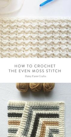 crochet the even moss stitch book cover with yarn and knitting needles next to it