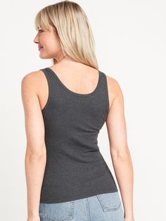 scoop neck sleeveless fitted hits below waist models are approx.  5'9" and wear sizes s (4), l (12) and xl (18) Fitted Ribbed Tank Top With Scoop Back, Fitted Sleeveless Tank Top Casual, Fitted Sleeveless Casual Tank Top, Ribbed Fitted Tank Top With Scoop Neck, Ribbed Fitted Scoop Neck Tank Top, Fitted Tank Top For Everyday, Fitted Knit Tank Top For Everyday, Basic Fitted Tank Top With Scoop Back, Fitted Ribbed Camisole With Scoop Neck