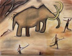 a drawing of an elephant and some people doing different things in front of it,