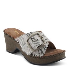 SILVER Spring Slip-on Open Toe Wedge Sandals, Casual Slip-on Wedge Sandals With Textured Sole, Casual Slip-on Wedge Sandals With Buckle, Spring Synthetic Slip-on Wedge Sandals, Spring T-strap Wedge Sandals With Buckle Closure, Unique Style, Heel Height, Leather Upper, Wedges