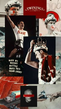 the collage has many different images and words on it, including an image of a man