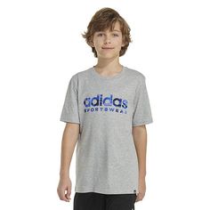 Everyday adidas Sportswear basics are always in style. This boys' short sleeve tee is made of soft jersey fabric with a screenprinted graphic and a regular fit. It also has a woven label on the bottom hem.Features: Screen PrintedClosure Type: Pullover HeadFit: Regular FitNeckline: Crew NeckSleeve Length: Short SleeveFiber Content: 60% Cotton, 40% PolyesterFabric Description: JerseyCare: Machine Wash, Tumble DryCountry of Origin: Imported Adidas Short Sleeve T-shirt With Three Stripes, Adidas Sporty Short Sleeve T-shirt, Casual Athletic Heather T-shirt For Sports, Sportswear T-shirt With Three Stripes Branding, Sporty Adidas Logo T-shirt With Short Sleeves, Adidas Moisture-wicking Short Sleeve T-shirt, Casual Adidas Moisture-wicking T-shirt, Adidas Casual Moisture-wicking T-shirt, Adidas Sportswear T-shirt With Letter Print