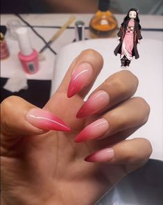 Nezuko Nails Acrylic, Nezuko Inspired Nails, Nezuko Nails, Pink Tip Nails, Tiger Nails, Goth Nails, Simple Gel Nails, Kawaii Nails