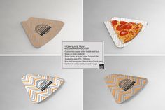 four pieces of pizza sitting on top of each other in different shapes and sizes,