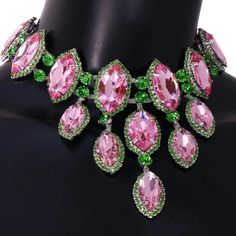 Beautiful Pink And Green Rhinestone Necklace In Silver Color Setting. New Never Worn. Pink Bling Necklace For Gift, Pink Crystal Jewelry With Jewels, Pink Rhinestone Necklace With Bling For Gift, Pink Rhinestone Bling Necklace For Gift, Pink Rhinestone Bling Necklace Gift, Pink Crystal Rhinestone Necklace For Wedding, Pink Crystal Rhinestone Necklace, Elegant Pink Crystal Necklace For Party, Glamorous Pink Necklace For Party