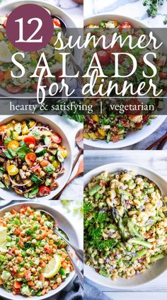 four different salads in white bowls with text overlay reading 12 summer salads for dinner