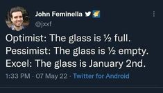 a tweet that reads, optimist the glass is 1 / 2 full pessist the glass is 17 empty excel the glass is january 2nd