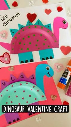 dinosaur valentine's day craft for kids with paper plates and crayons on the table