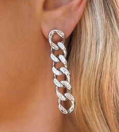 Silver Plated Textured Curb Chain Link Earrings Length of Earrings: approx. 2 inches Elegant Tarnish Resistant Link Earrings, Elegant Link Earrings Tarnish Resistant, Elegant Tarnish-resistant Link Earrings, Single Chain Link Earring In Metal, Tarnish Resistant Link Earrings, Box Chain Link Earrings As Gift, White Gold Metal Earrings For Evening, Evening White Gold Metal Earrings, Silver Chain Link Earrings As Gift