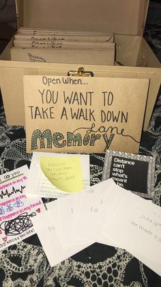 an open box with writing on it sitting on top of a bed next to other items