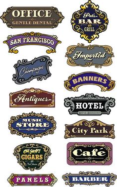 an assortment of old style hotel and restaurant signs, all in different styles and colors