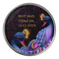 a personalized metal tin with two colorful peacocks on the front and bottom, which reads best man michael john 12 - 22 - 20x