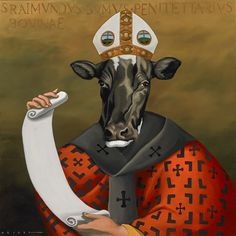 a painting of a cow wearing a crown and holding a scroll