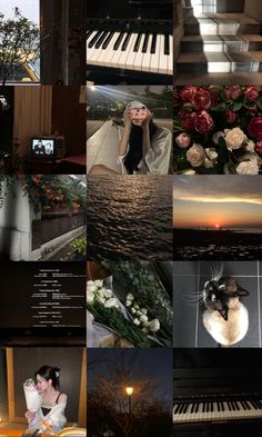 a collage of photos with flowers and piano keys in the foreground, an image of a woman sitting on a bench