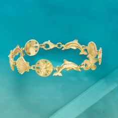 Ross-Simons - 18kt Gold Over Sterling Sea Life Bracelet. 7". An RS exclusive. Make a splash with this pretty parade of seaside creatures! Our textured and polished 18kt yellow gold over sterling silver sea life bracelet comes to life with such vivid details, you'll feel like you can dive right in. Lobster clasp, 18kt yellow gold over sterling silver sea life link bracelet. Ocean-inspired Yellow Gold Jewelry, Silver Sea, Sea Life, Link Bracelets, Lobster Clasp, Like You, Crown Jewelry, Fine Jewelry, Yellow Gold