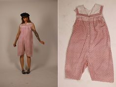 "➸ Description: great piece of history, 1910s / 1920s beach pajamas, mother of pearl frontal buttons, lovely sailor collar. Condition: good to very good, the fabric is strong despite quite a few rusty stains, the garment is very wearable. ➸Measurements: SIze S to M Shoulders 41cm / Bust 52cm/ Length 99cm Visit my instagram @bazvintage Note: - You are welcome to contact me and ask me anything - I sell vintage and antique pre-owned pieces that are mostly showing a normal amount of wear even if mar Retro Pink Summer Jumpsuits And Rompers, Retro Pink Jumpsuits And Rompers For Summer, Pink Retro Summer Jumpsuits And Rompers, Vintage Summer Overalls Jumpsuit, Summer Daywear Jumpsuits And Rompers With Buttons, Summer Daywear Jumpsuits With Buttons, 1920s Beach, Beach Pajamas, Womens Jumpsuits