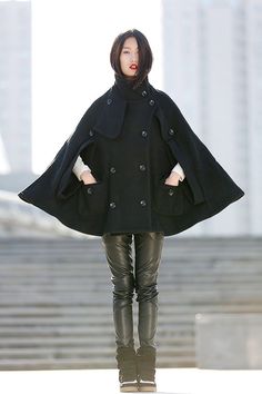 Winter Wool Cape Coat  Black Poncho Style High Collar by YL1dress Cloak Jacket, Mantel Cape, Wool Cloak, Winter Cape, Cape For Women, Wool Jackets, Wool Cape Coat, Etsy Clothes, Black Poncho