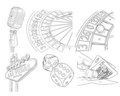 a black and white drawing of casino related items including dice, rouleets, and a microphone