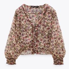 New With Tag 8576/382 Zara Blouse For Fall, Chic Zara Tops With Floral Print, Chic Zara Blouse With Floral Print, Zara Floral Print Tops For Work, Zara Floral Print Tops For Fall, Zara Floral Print Elegant Tops, Elegant Zara Floral Print Tops, Feminine Long Sleeve Tops By Zara, Zara Feminine Long Sleeve Tops