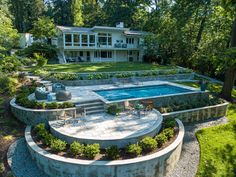 an aerial view of a house with a pool in the middle and landscaping around it