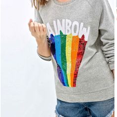 California Rainbow Slim Fit Crew Sweatshirt Create A Cool Look With This California Rainbow Slim Fit Crew Sweatshirt. In A Gray Hue, You'll Love The Rainbow Print On The Front. Featuring Long Sleeves, A Crew Neck And An Elasticated Hemline, You'll Love Grabbing This On The Way Out Before A Busy Day. Features: Slim Fit Ladies Sweat Shirt. Fit: Take Normal Size. Collar: Crew Neck Color: Distressed Grey Long Sleeve Rainbow Pattern Applique On Front. Women's Pullover Sweatshirt, Jumper. Material Trendy Rainbow Print Long Sleeve Tops, Trendy Long Sleeve Rainbow Print Tops, Trendy Long Sleeve Tops With Rainbow Print, Rainbow Long Sleeve Cotton Top, Rainbow Cotton Crew Neck Sweatshirt, Casual Rainbow Crew Neck Sweatshirt, Casual Rainbow Crew Neck Tops, Casual Rainbow Print Top For Fall, Multicolor Slogan Crew Neck Top