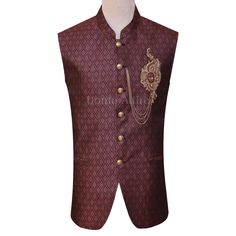 Maroon jamawar waistcoat with embellished motif Event Attire, Formal Attire For Men, Layer Chain, Custom Made Suits, Brass Buttons, Fashion Bottoms, Kurta Pajama, Business Wear, Layered Chains