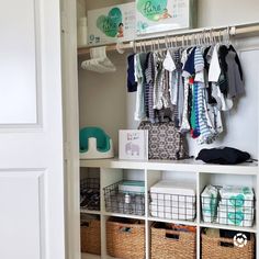 Cube storage and baskets to organize a nursery closet. Boys Closet Cube Storage, Nursery Closet Decor, Baby Storage Closet, Cube Organizer Nursery Closet, Baby Nursery Cube Storage, Nursery Closet Toy Storage, Nursery Closet Cube Storage, Cube Organizer For Nursery, Cube Storage Ideas Nursery