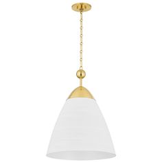 a white and gold pendant light with a chain hanging from the bottom to the ceiling