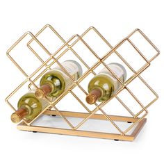 two bottles of wine are placed in a gold metal rack with glass inserts on the bottom