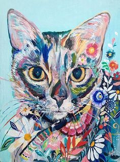 a painting of a cat with flowers on it's chest and eyes, in front of a blue background