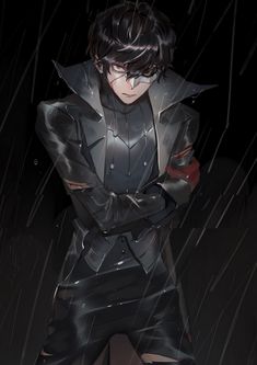 an anime character standing in the rain with his arms crossed and hands folded over his chest