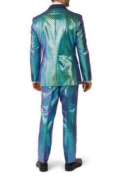 Get a boatload of compliments at the party in this fish-scale printed suit featuring an iridescent print for eye-catching style. 2-piece set Jacket has notched lapels; long sleeves with four-button cuffs; two-button closure; chest welt pocket; front flap pockets; scale print; fully lined; four interior pockets; side vents Pants have zip fly with hook-and-button closure; four-pocket style 100% polyester Machine wash, line dry Imported Model stats: 6'1" height, 32" waist. Model is wearing size 40. Fitted Multicolor Suits For Party, Blue Summer Party Suit, Fitted Blue Set For Costume Party, Blue Fitted Set For Costume Party, Fitted Blue Sets For Costume Party, Mens Prom Suits, Spongebob Costume, Notch Lapel Suit, Male Mermaid