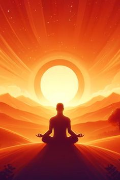 a person meditating in front of an orange sunset