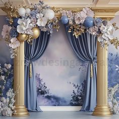 a room with blue curtains and flowers on the wall next to it is a mural