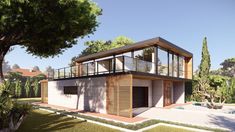 an artist's rendering of a modern house in the middle of trees and grass