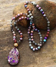 Purple Haze Teardrop Pendant Necklace Yoga Bracelet Beads, Purple Jasper, Boho Pendant Necklace, Treasure Jewelry, Purple Beads, Purple Necklace, Stone Beaded Necklace, Jasper Necklace, Long Beaded Necklace