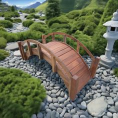 a wooden bench sitting on top of a pile of rocks