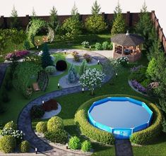 an aerial view of a garden with a swimming pool in the center and landscaping around it