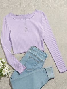 Purple Top Outfit, Feminine Top, Ribbed Cardigan, Fashion Fits, Knit Tees, Trendy Tops, Crop Tee, Daily Fashion, Fashion Online Shop