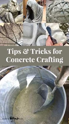 there is a bowl with some stuff in it and the words tips & tricks for concrete crafting