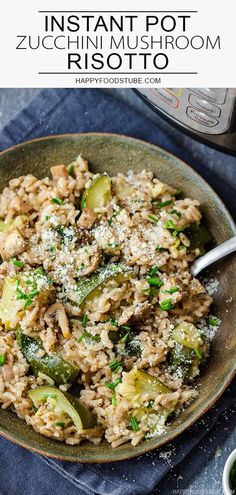 a bowl filled with rice and vegetables on top of a blue cloth next to an instant pot