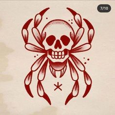 a red and white drawing of a skull with two claws on it's back