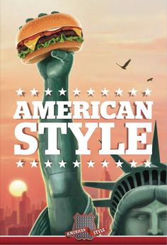 an advertisement for the american style restaurant with a statue of liberty holding up a large sandwich