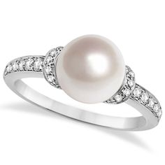 Solitaire Freshwater Cultured Pearl and Diamond Ring 0.16ctw (8mm) -Allurez.com Pearl Diamond Ring, Pearl And Diamond Ring, Diamond Fashion Rings, White Diamond Ring, Radiant Diamond, Gold Band Ring, Bling Rings, Gemstone Necklace Pendant, Diamond Drops