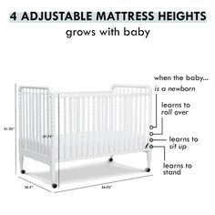 the baby crib is shown with measurements for it's size and features an adjustable mattress