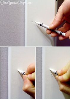 three pictures of someone holding a pen and writing on the wall