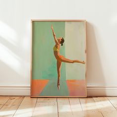 a painting of a woman doing yoga in front of a white wall and wooden floor